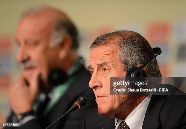 Uruguay coach, Oscar Tabarez addresses the media during the team coaches press conference prior to the Official Draw for the FIFA Confederations Cup...