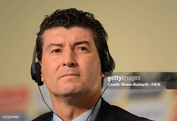 Mexico coach, Jose Manuel de la Torre addresses the media during the team coaches press conference prior to the Official Draw for the FIFA...