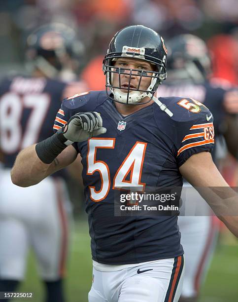 Brian Urlacher of the Chicago Bears looks to the bench during an NFL game against the Minnesota Vikings at Soldier Field on November 25, 2012 in...