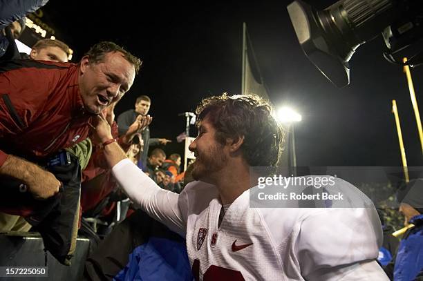 Stanford Alex Debniak victorious with fans after winning game vs Oregon at Autzen Stadium. Eugene, OR CREDIT: Robert Beck