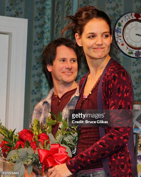 Josh Hamilton and Katie Holmes take their curtain call on Opening Night of "Dead Accounts" on Broadway at The Music Box Theatre on November 29, 2012...