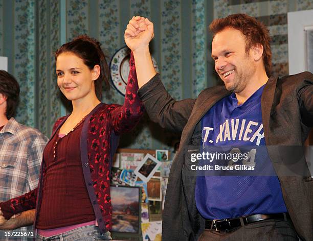 Katie Holmes and Norbert Leo Butz take their curtain call on Opening Night of "Dead Accounts" on Broadway at The Music Box Theatre on November 29,...