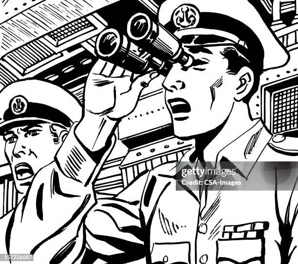 two shocked naval officers - man looking inside mouth illustrated stock illustrations