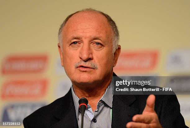 New Brazil coach, Luiz Felipe Scolari addresses the media during the team coaches press conference prior to the Official Draw for the FIFA...