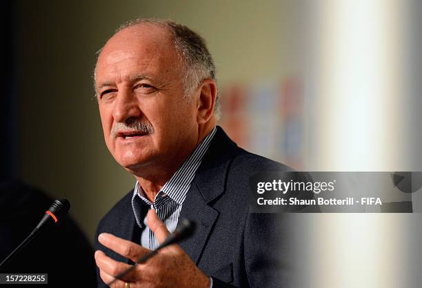 New Brazil coach, Luiz Felipe Scolari addresses the media during the team coaches press conference prior to the Official Draw for the FIFA...