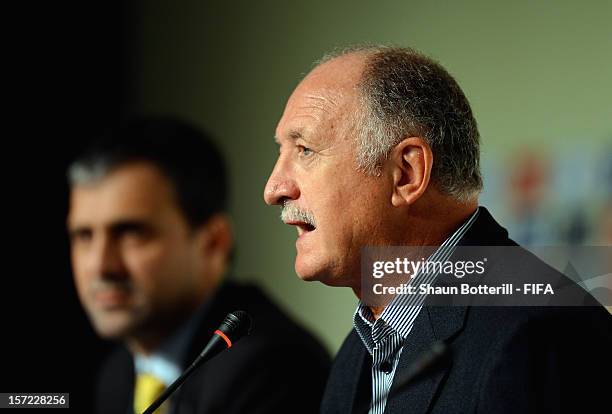 New Brazil coach, Luiz Felipe Scolari addresses the media during the team coaches press conference prior to the Official Draw for the FIFA...