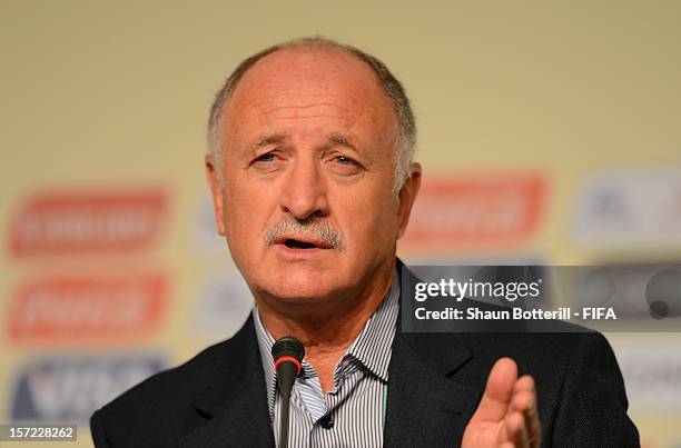 New Brazil coach, Luiz Felipe Scolari addresses the media during the team coaches press conference prior to the Official Draw for the FIFA...