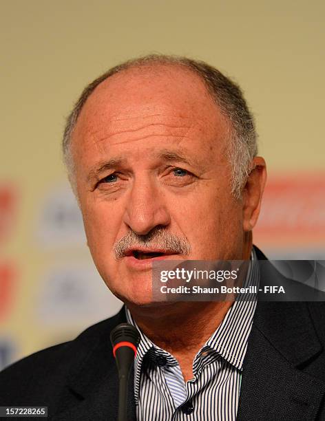 New Brazil coach, Luiz Felipe Scolari addresses the media during the team coaches press conference prior to the Official Draw for the FIFA...