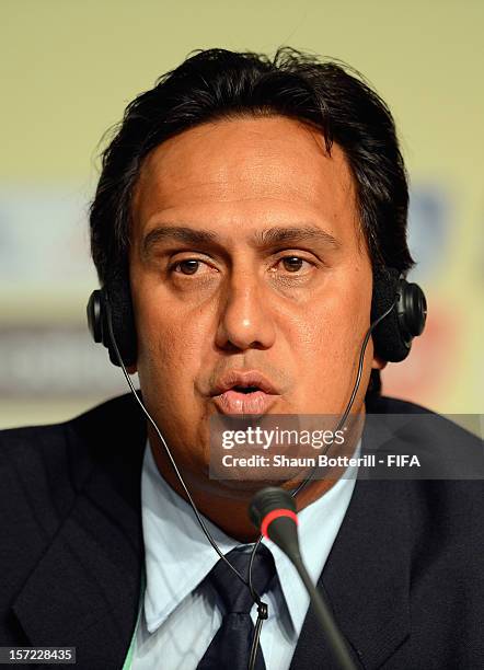 Tahiti coach, Eddy Etaeta addresses the media during the team coaches press conference prior to the Official Draw for the FIFA Confederations Cup...