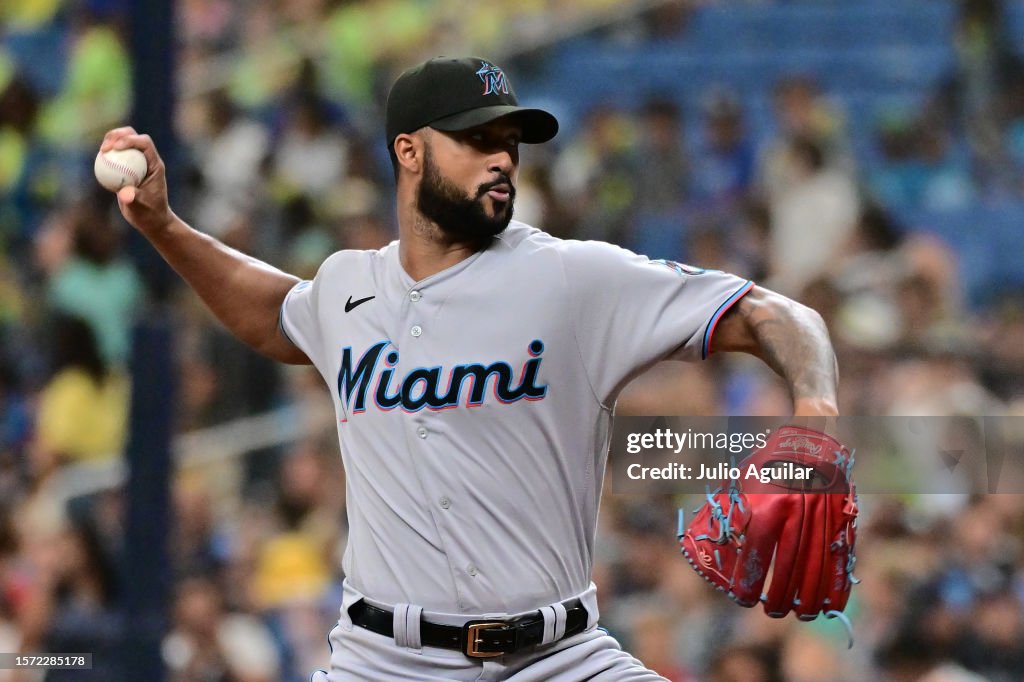 Miami Rays Sandy Alcantara of the Miami Marlins delivers a pitch to the Tampa ...