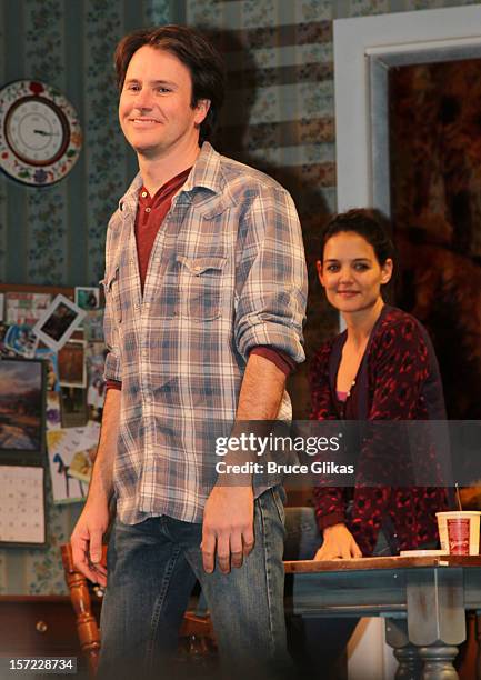 Josh Hamilton and Katie Holmes take their curtain call on Opening Night of "Dead Accounts" on Broadway at The Music Box Theatre on November 29, 2012...