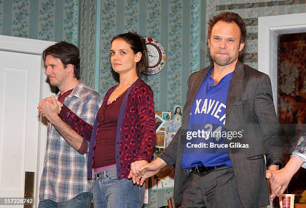 Josh Hamilton, Katie Holmes and Norbert Leo Butz take their curtain call on Opening Night of "Dead Accounts" on Broadway at The Music Box Theatre on...