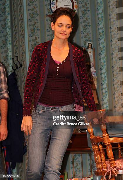 Katie Holmes takes her curtain call on Opening Night of "Dead Accounts" on Broadway at The Music Box Theatre on November 29, 2012 in New York City.