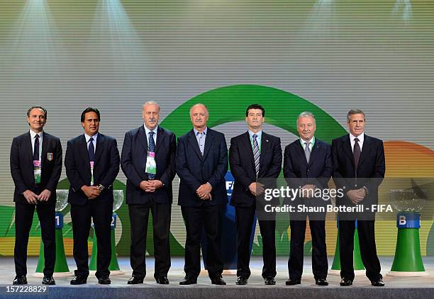 The coaches of the participating teams l-r: Cesare Prandelli , Eddy Etaeta , Vicente de Bosque , Luiz Felipe Scolari , Jose Manuel de la Torre ,...