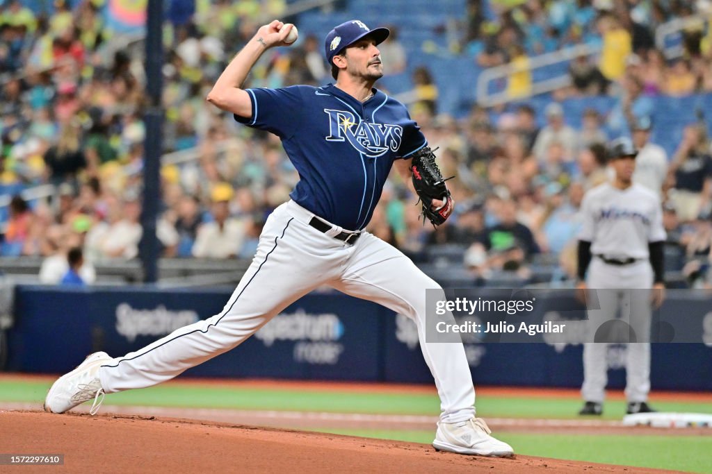 Miami Rays Zach Eflin of the Tampa Bay Rays delivers a pitch to the Miami... News ...
