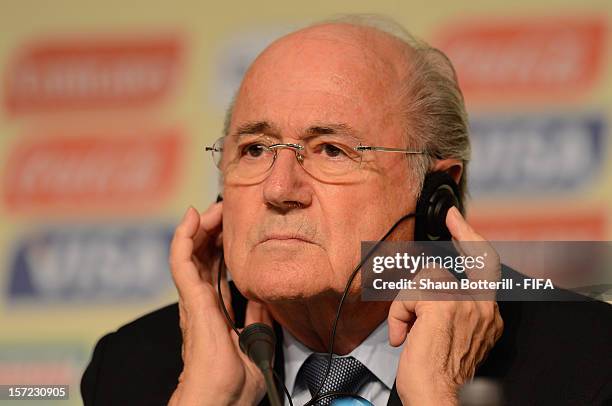 President, Joseph S.Blatter addresses the media during FCC Press Conference prior to the Official Draw for the FIFA Confederations Cup Brazil 2013 on...