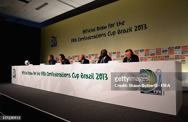 President, Joseph S.Blatter addresses the media during FCC Press Conference prior to the Official Draw for the FIFA Confederations Cup Brazil 2013 on...