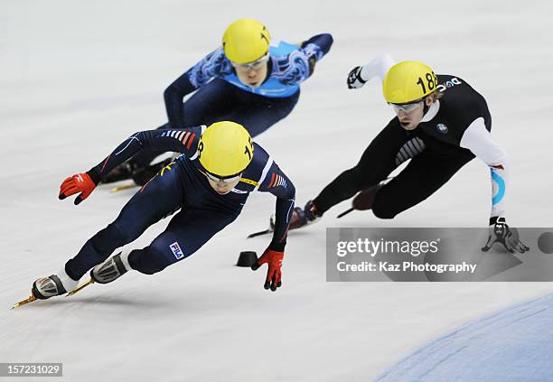 Yun-Jae Kim of Korea leads in Race 1 of Men 1500m Heats during day one of the ISU World Cup Short Track at Nippon Gaishi Arena on November 30, 2012...