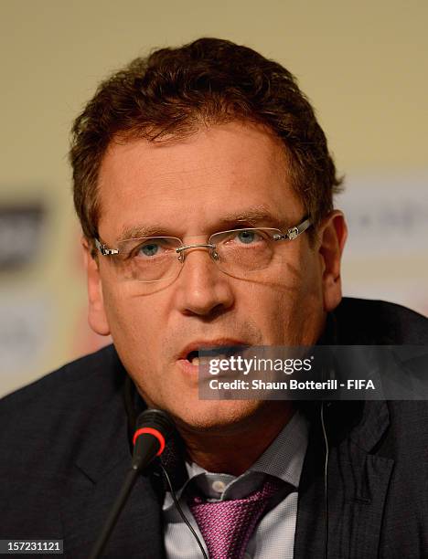 Secretary General, Jerome Valcke addresses the media during FCC Press Conference prior to the Official Draw for the FIFA Confederations Cup Brazil...