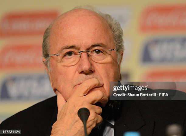 President, Joseph S.Blatter addresses the media during FCC Press Conference prior to the Official Draw for the FIFA Confederations Cup Brazil 2013 on...