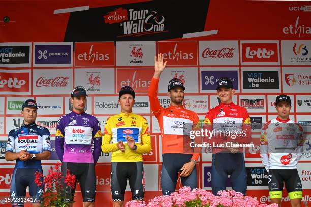 Stage winner Andrea Bagioli of Italy and Team Soudal-Quick Step, Brent Van Moer of Belgium and Team Lotto-Dstny - Purple Sprint Jersey, Timo Kielich...