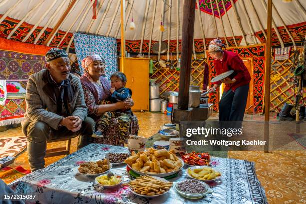 Kazakh herder family ger in a remote valley in the Altai Mountains near Altai Sum about 200 kilometers from Ulgii in the Bayan-Ulgii Province in...