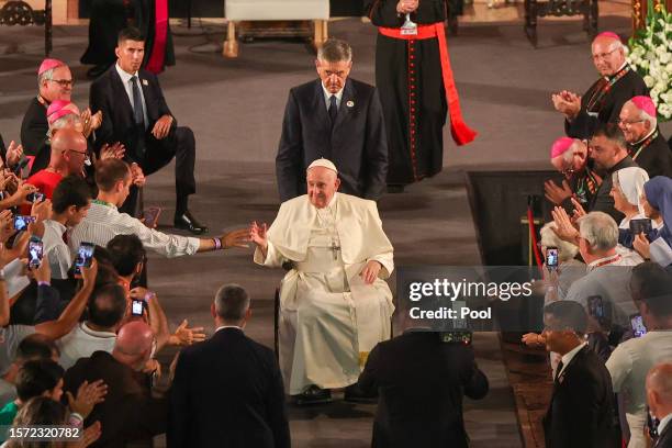 Pope Francis on a vespers with Bishops, Priests, Deacons, Consecrated Men and Women, Seminarians, and Pastoral Workers at Mosteiro dos Jeronimos on...