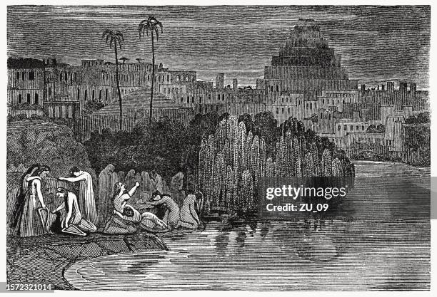 babylonian exile of israelites (psalms 137), wood engraving, published 1835 - ancient babylon stock illustrations