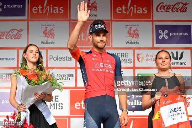 Filippo Ganna of Italy and Team INEOS Grenadiers - Orange leader jersey celebrates at podium during the 44th Ethias-Tour de Wallonie 2023, Stage 5 a...