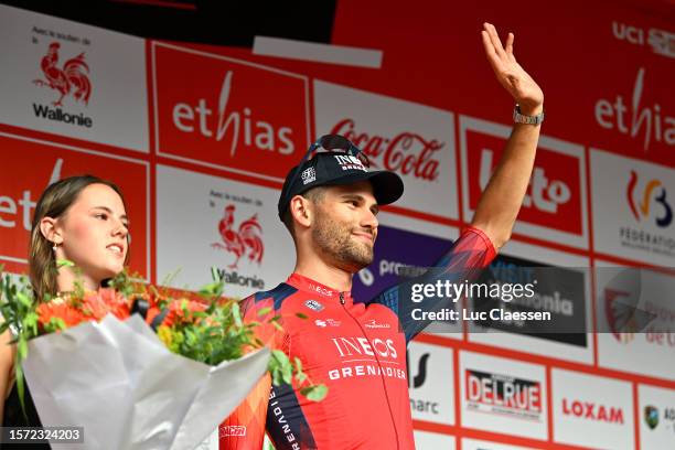 Filippo Ganna of Italy and Team INEOS Grenadiers - Orange leader jersey celebrates at podium during the 44th Ethias-Tour de Wallonie 2023, Stage 5 a...