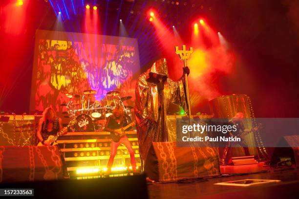 British heavy metal group Judas Priest perform onstage at the Venue in the Horseshoe Casino, Hammond, Indiana, November 12, 2011. Pictured are singer...