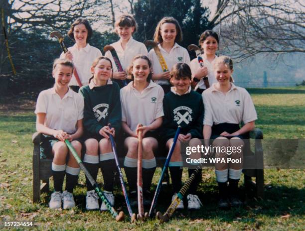 In this undated collect photo provided by St Andrew's School, Kate Middleton is pictured in a hockey team photo during her time as a pupil at St...