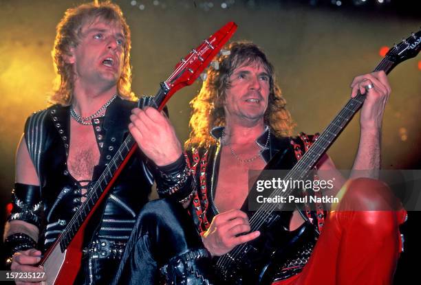 British heavy metal group Judas Priest perform onstage at the Rosemont Horizon, Rosemont, Illinois, June 14, 1984. Pictured are guitarists KK Downing...