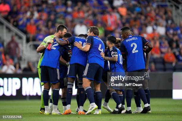 Cincinnati players huddle prior to a Leagues Cup match against Sporting Kansas City at TQL Stadium on July 23, 2023 in Cincinnati, Ohio.
