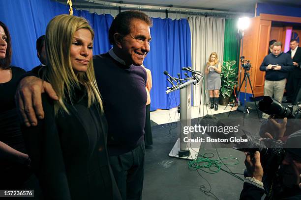 Steve Wynn, CEO of Wynn Resorts, and wife Andrea Hissom leave a press conference at Everett City Hall after holding preliminary talks with town...