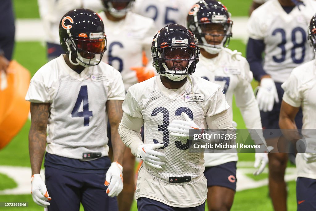 Eddie Jackson and Jaylon Johnson of the Chicago Bears look on during