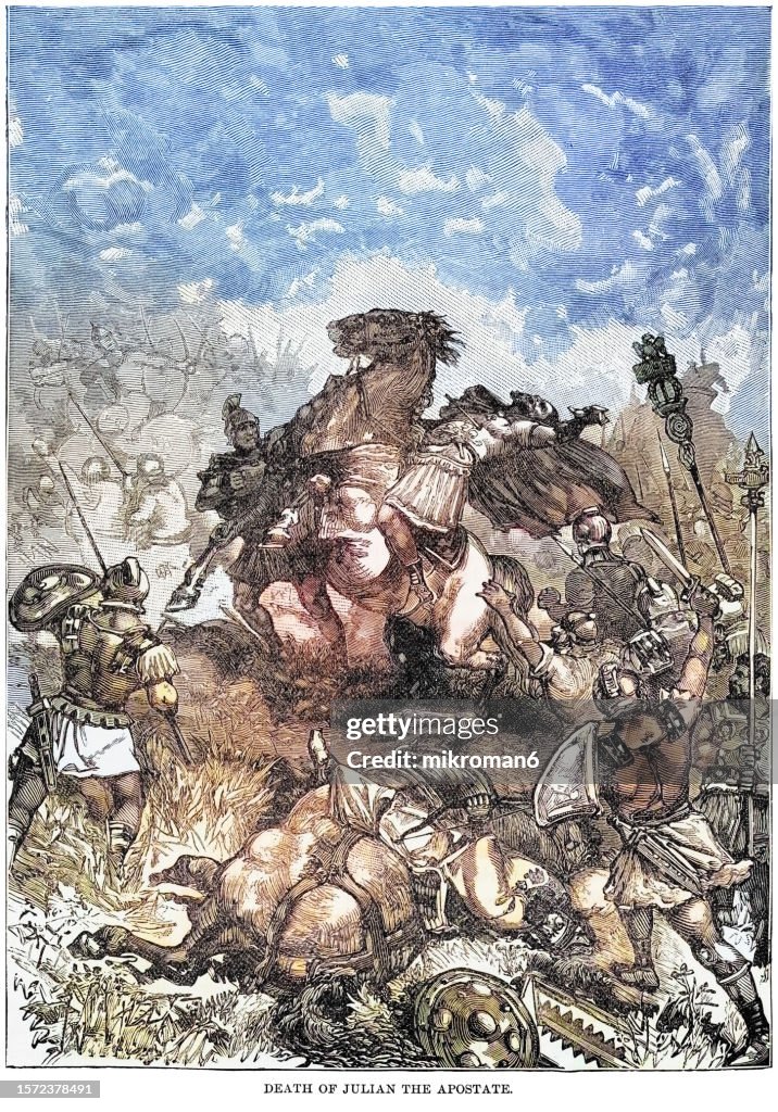 Old engraved illustration of death of Roman emperor Julian, Julian the Apostate and Julian the Philosopher