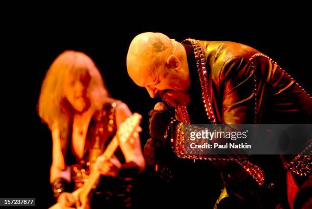 British heavy metal group Judas Priest perform onstage at the First Midwest Bank Ampitheater, Chicago, Illinois, August 19, 2008. Pictured are...