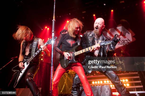 British heavy metal group Judas Priest perform onstage at the Venue in the Horseshoe Casino, Hammond, Indiana, November 12, 2011. Pictured are, from...