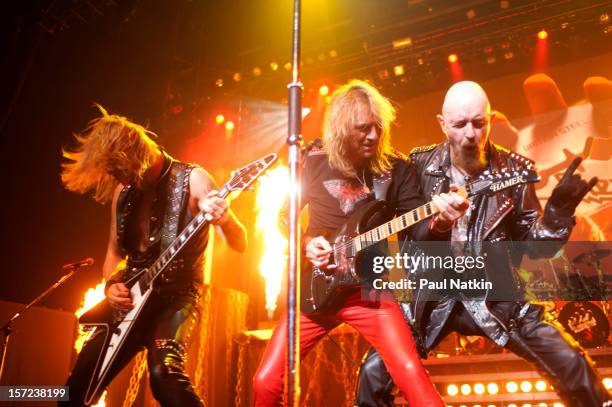 British heavy metal group Judas Priest perform onstage at the Venue in the Horseshoe Casino, Hammond, Indiana, November 12, 2011. Pictured are, from...