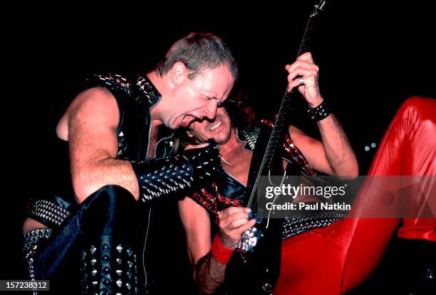 British heavy metal group Judas Priest perform onstage at the Rosemont Horizon, Rosemont, Illinois, June 14, 1984. Pictured are singer Rob Halford...