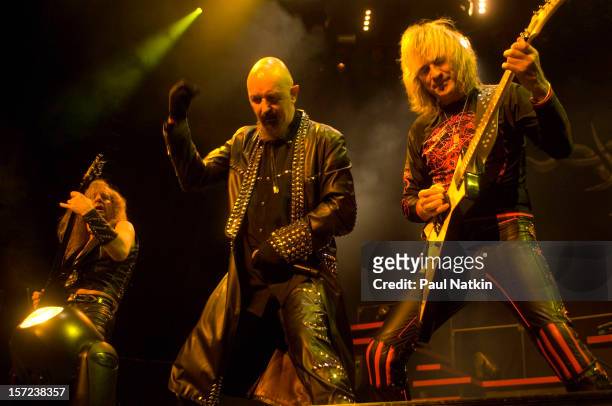 British heavy metal group Judas Priest perform onstage at the First Midwest Bank Ampitheater, Chicago, Illinois, August 19, 2008. Pictured are, from...