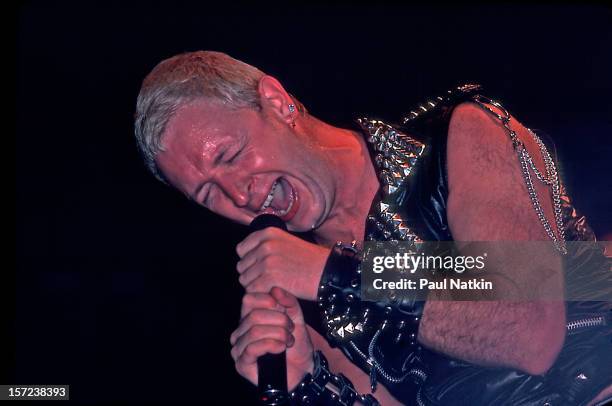British heavy metal group Judas Priest perform onstage at Alpine Valley, East Troy, Wisconsin, August 28, 1982. Pictured is singer Rob Halford.