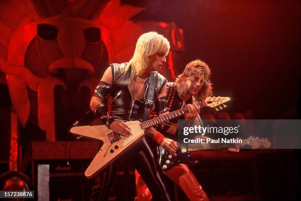 British heavy metal group Judas Priest perform onstage at the Rosemont Horizon, Rosemont, Illinois, June 14, 1984. Pictured are guitarists KK Downing...