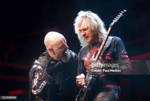 British heavy metal group Judas Priest perform onstage at the First Midwest Bank Ampitheater, Chicago, Illinois, August 19, 2008. Pictured are singer...