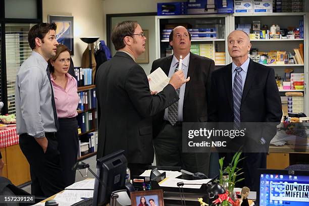 Dwight Christmas" Episode 910 -- Pictured: John Krasinski as Jim Halpert, Jenna Fischer as Pam Halpert, Rainn Wilson as Dwight Schrute, Brian...