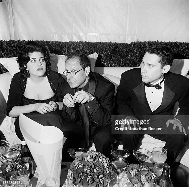 Monica Lewinsky, journalist Peter Bart and director Bryan Singer are photographed for Vanity Fair Magazine on March 21, 1999 at the Vanity Fair Oscar...