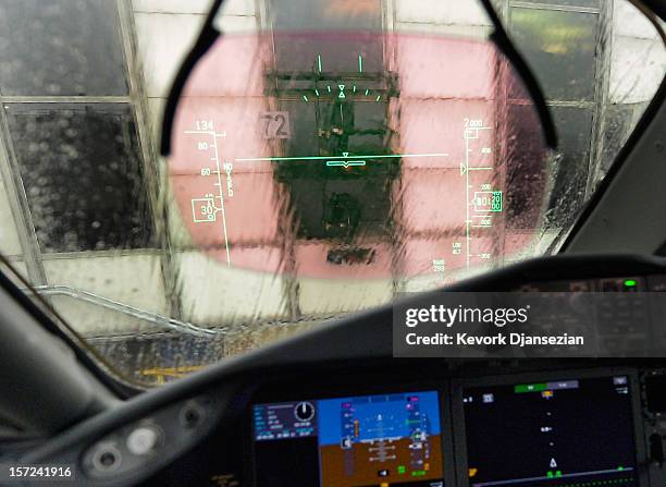 Heads Up Display appears on the windshield of the United Airlines new Boeing 787 Dreamliner at Los Angeles International Airport on November 30, 2012...