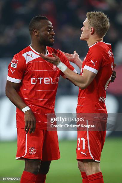 Nando Rafael of Duesseldorf celebrates the third goal with Johannes van den Bergh during the Bundesliga match between Fortuna Duesseldorf and...