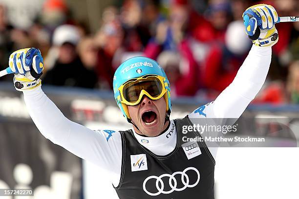 Christof Innerhofer of Italy celebrates after crossing the finish line during the men's downhill on the Birds of Prey at the Audi FIS World Cup on...